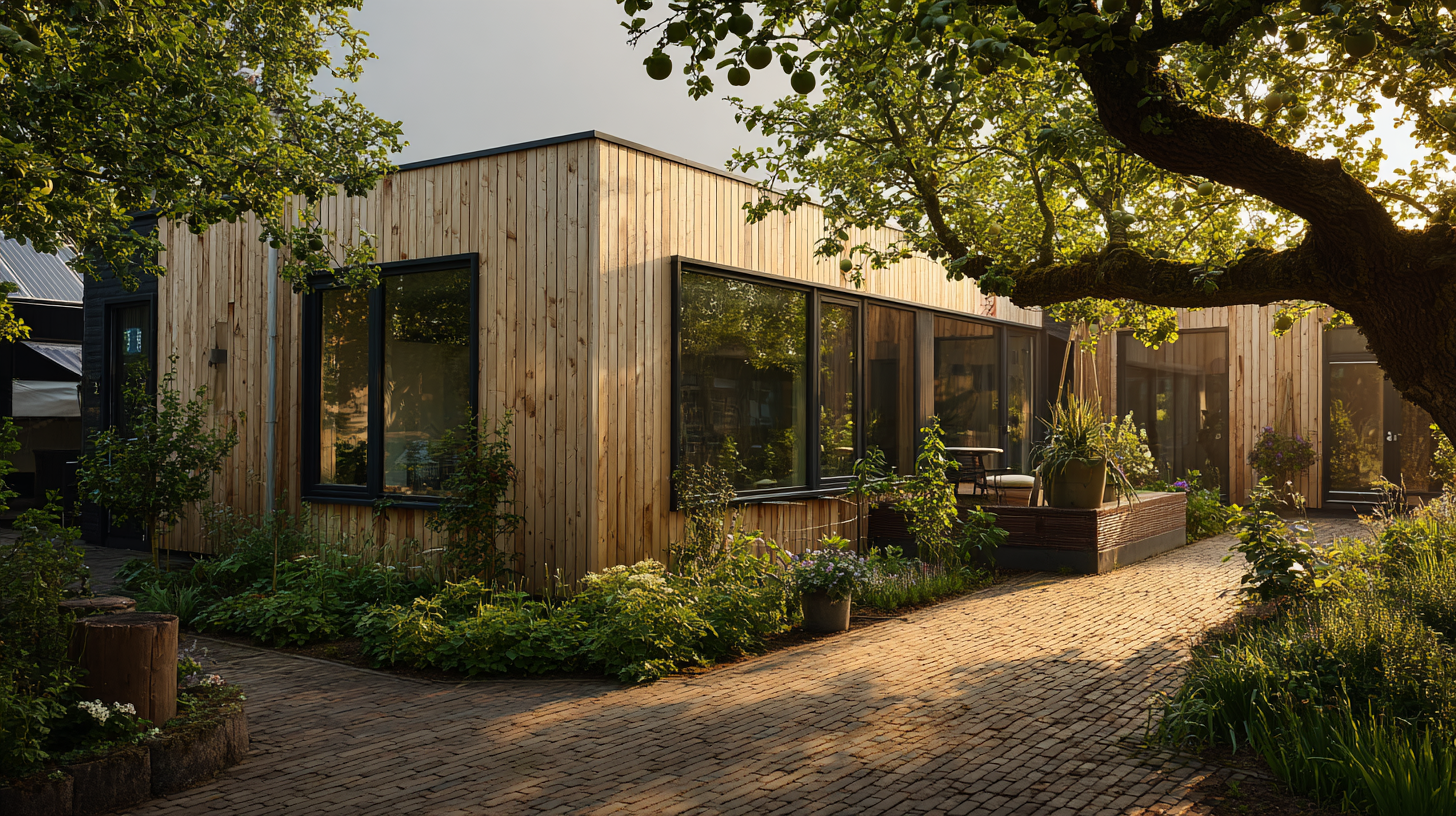 Prefab mantelzorgwoning met houten gevel in Nederlandse achtertuin met appelboom