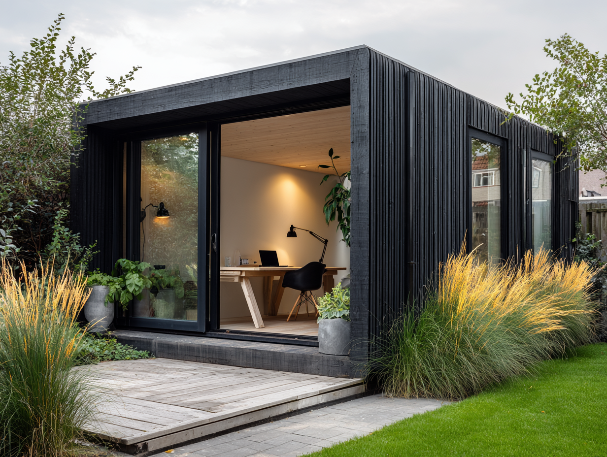 Modern prefab tuinkantoor met donkere houten gevel en grote raampartij in Nederlandse tuin