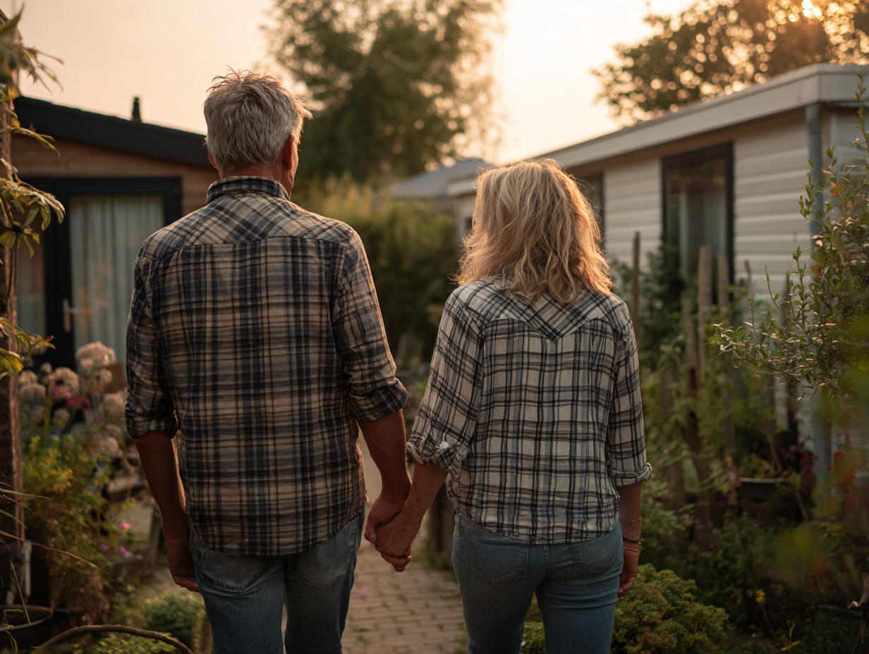 Echtpaar wandelt door de tuin naar hun gelijkvloerse, levensloopbestendige prefab woning