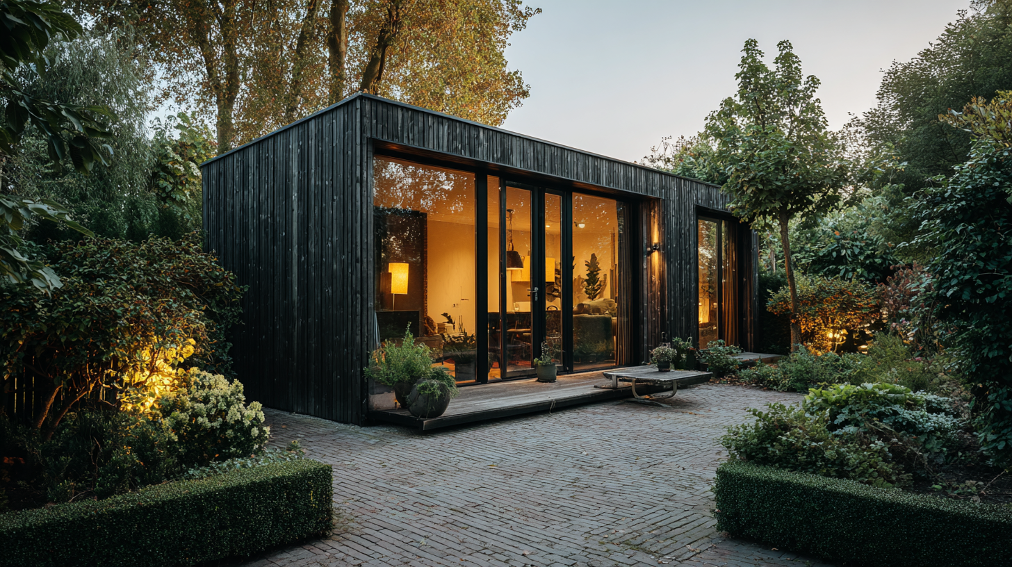 Moderne prefab tuinkantoor met donkere houten gevel en grote glaspartijen in Nederlandse tuin