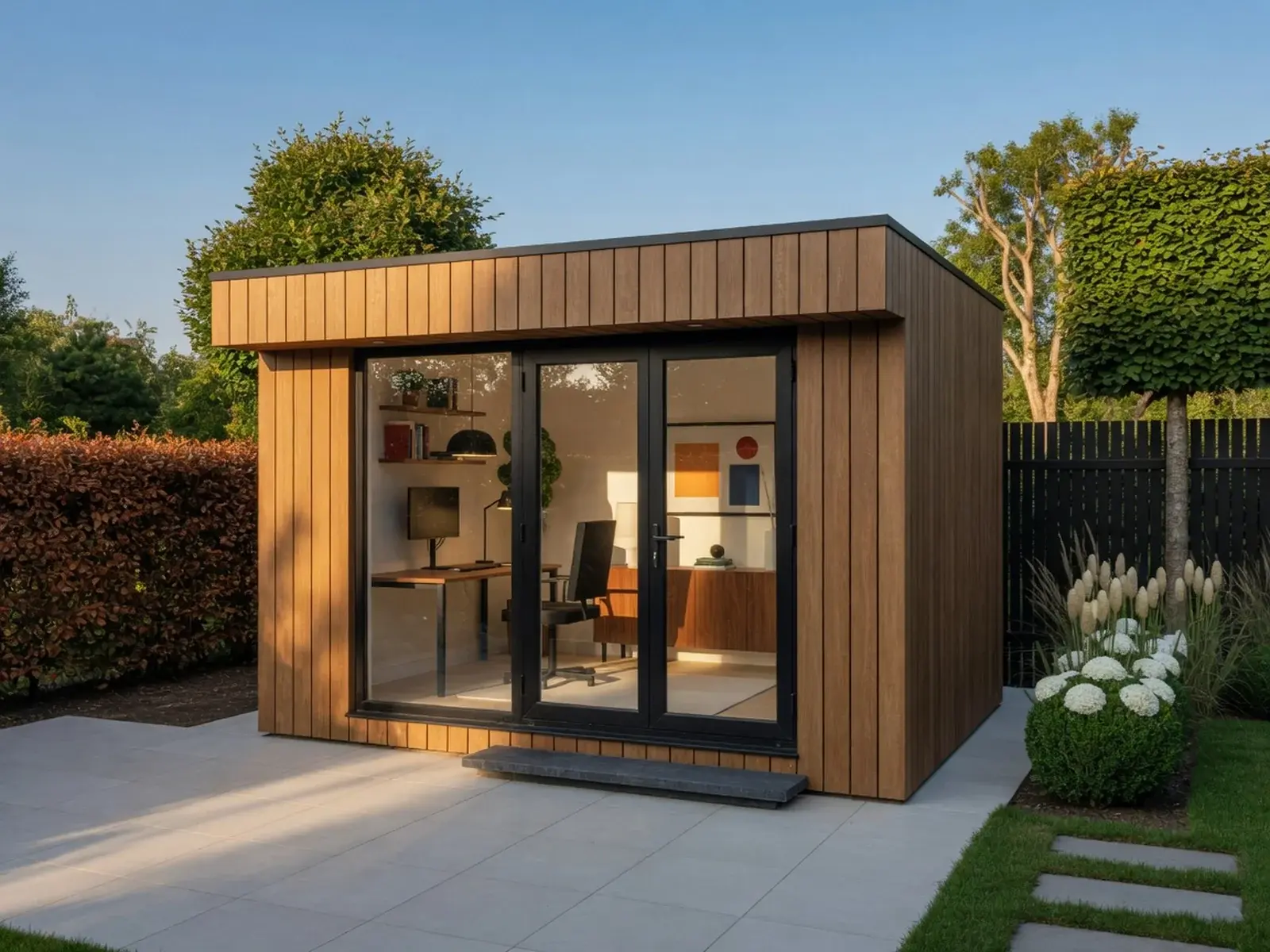 Prefab tuinkantoor met houten gevelbekleding en zwarte schuifpui, met een ingerichte werkplek achter het glas