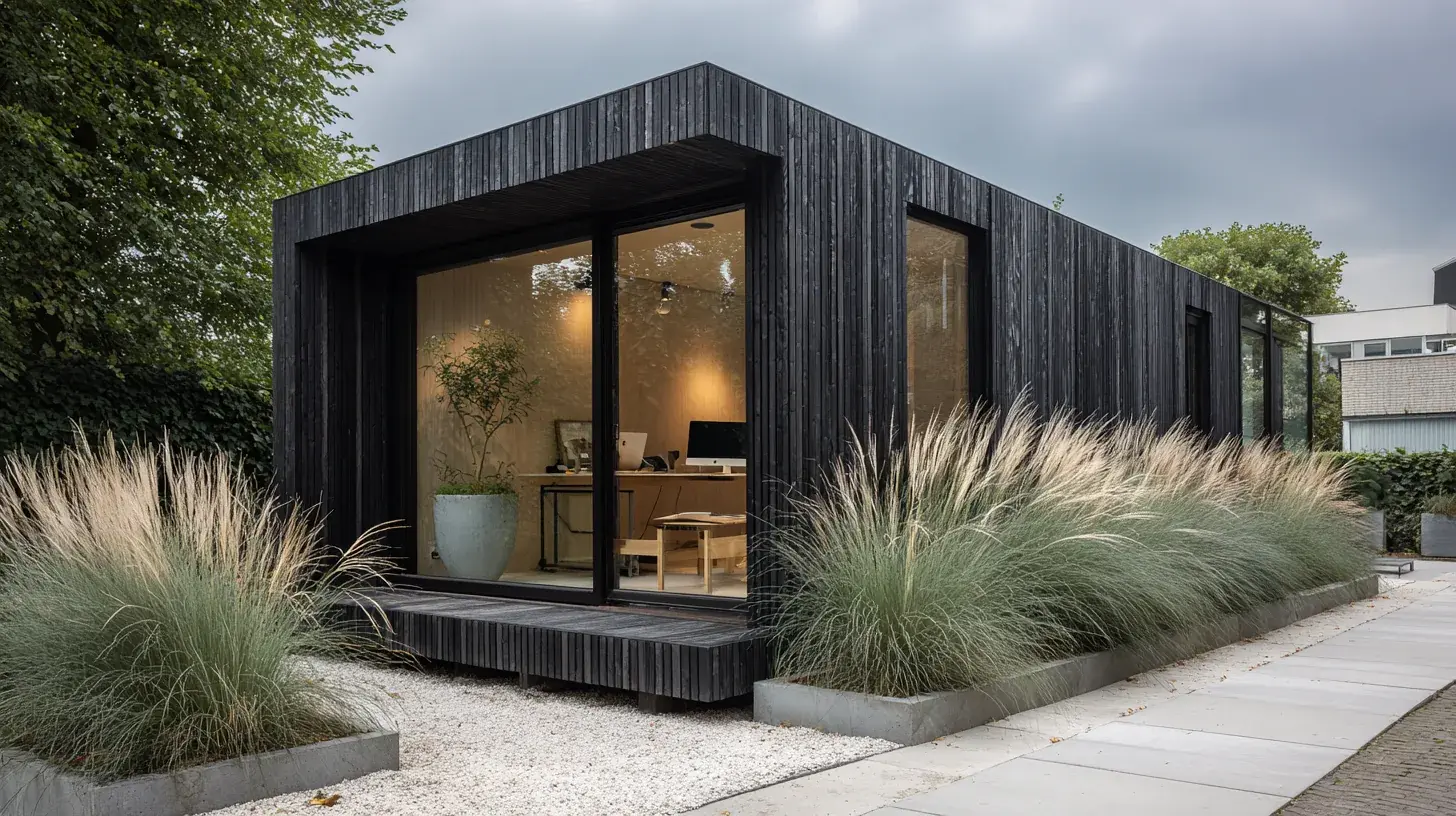 Modern prefab tuinkantoor met donkere houten gevel en grote raampartij in Nederlandse tuin