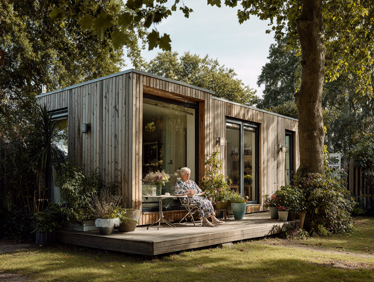Oudere vrouw zit op het terras van haar prefab mantelzorgwoning