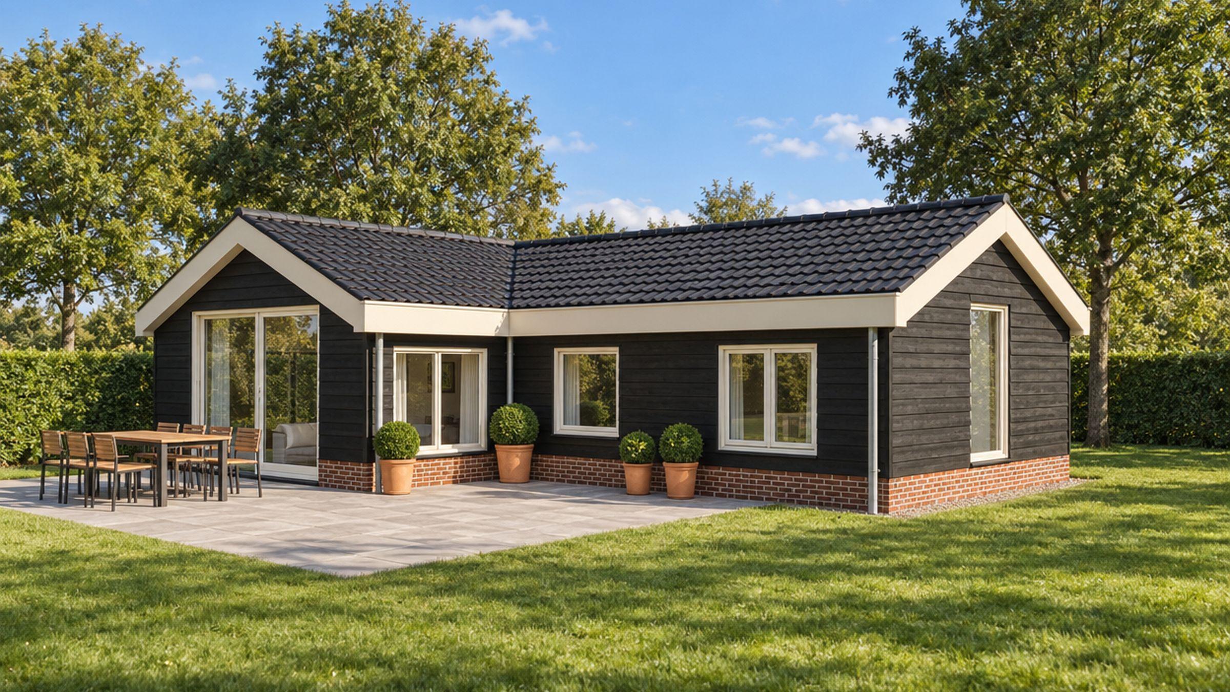 Impressie van De Hof: Boerderijwoning in L-vorm onder een zadeldak met dakpannen.