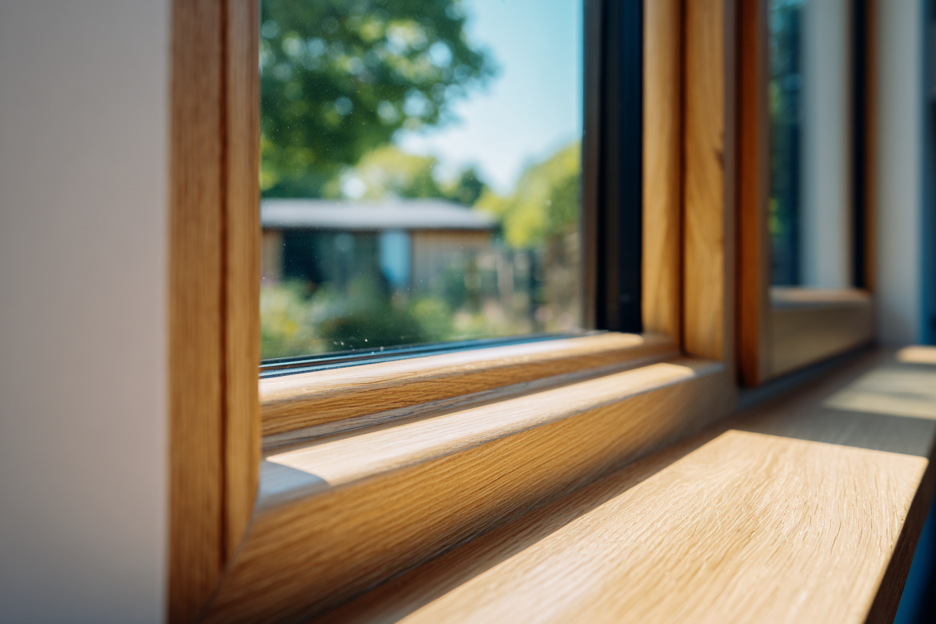 Detailopname van houten kozijn met HR++ beglazing in prefab tuinkantoor
