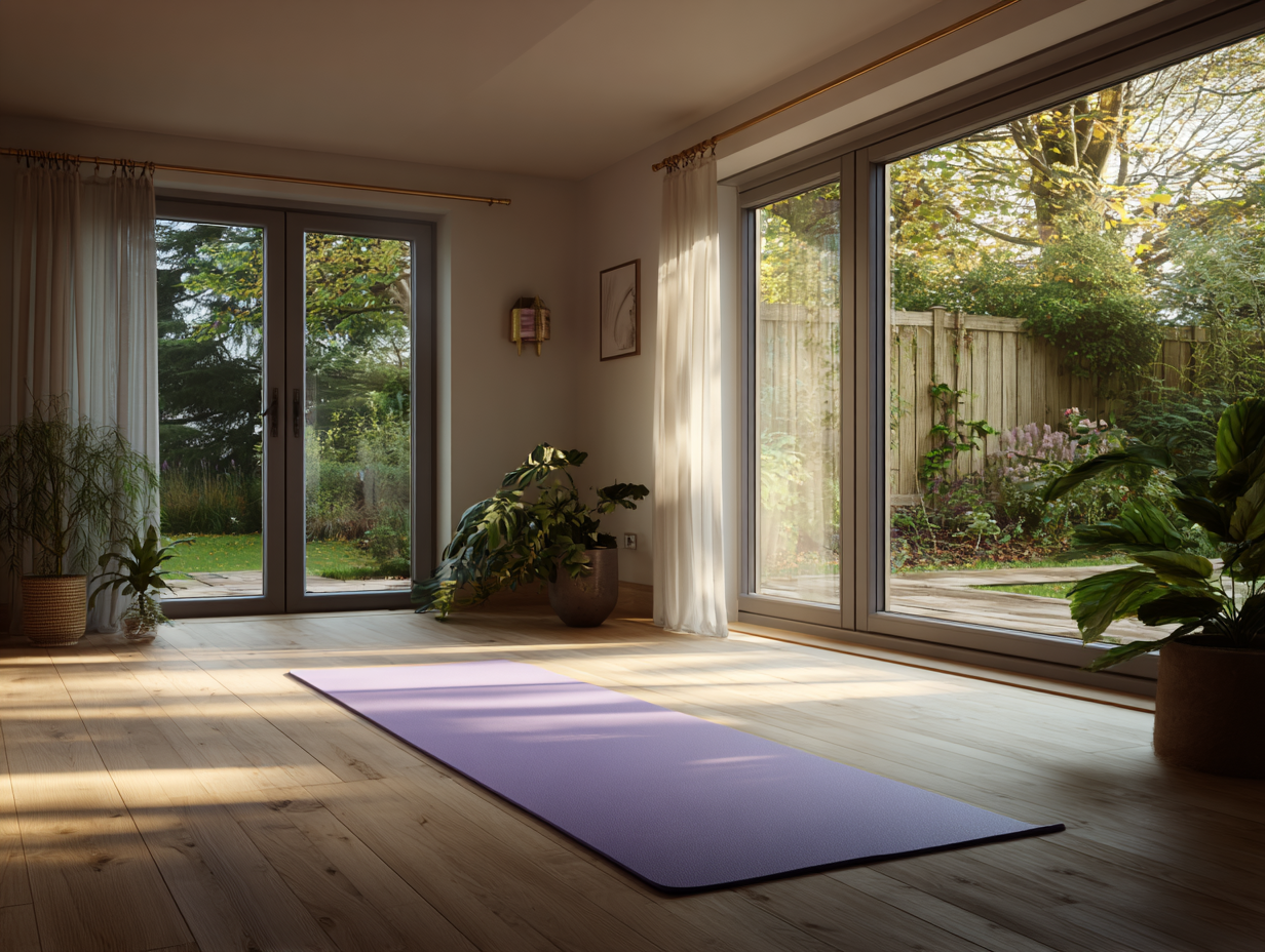 Interieur van moderne prefab tuinkamer ingericht als yoga- en lifestyleruimte