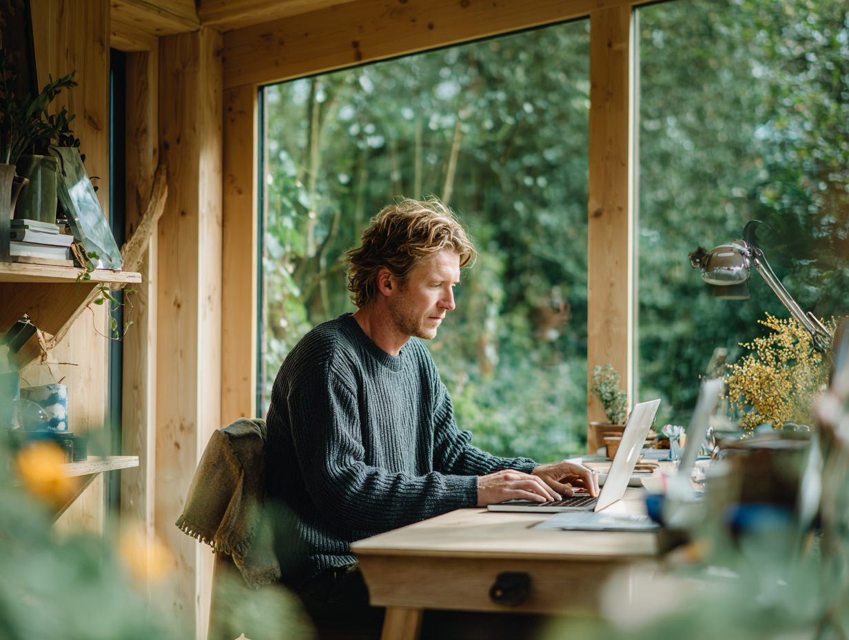 Man in de dertig werkt geconcentreerd op laptop aan houten bureau in prefab tuinkantoor
